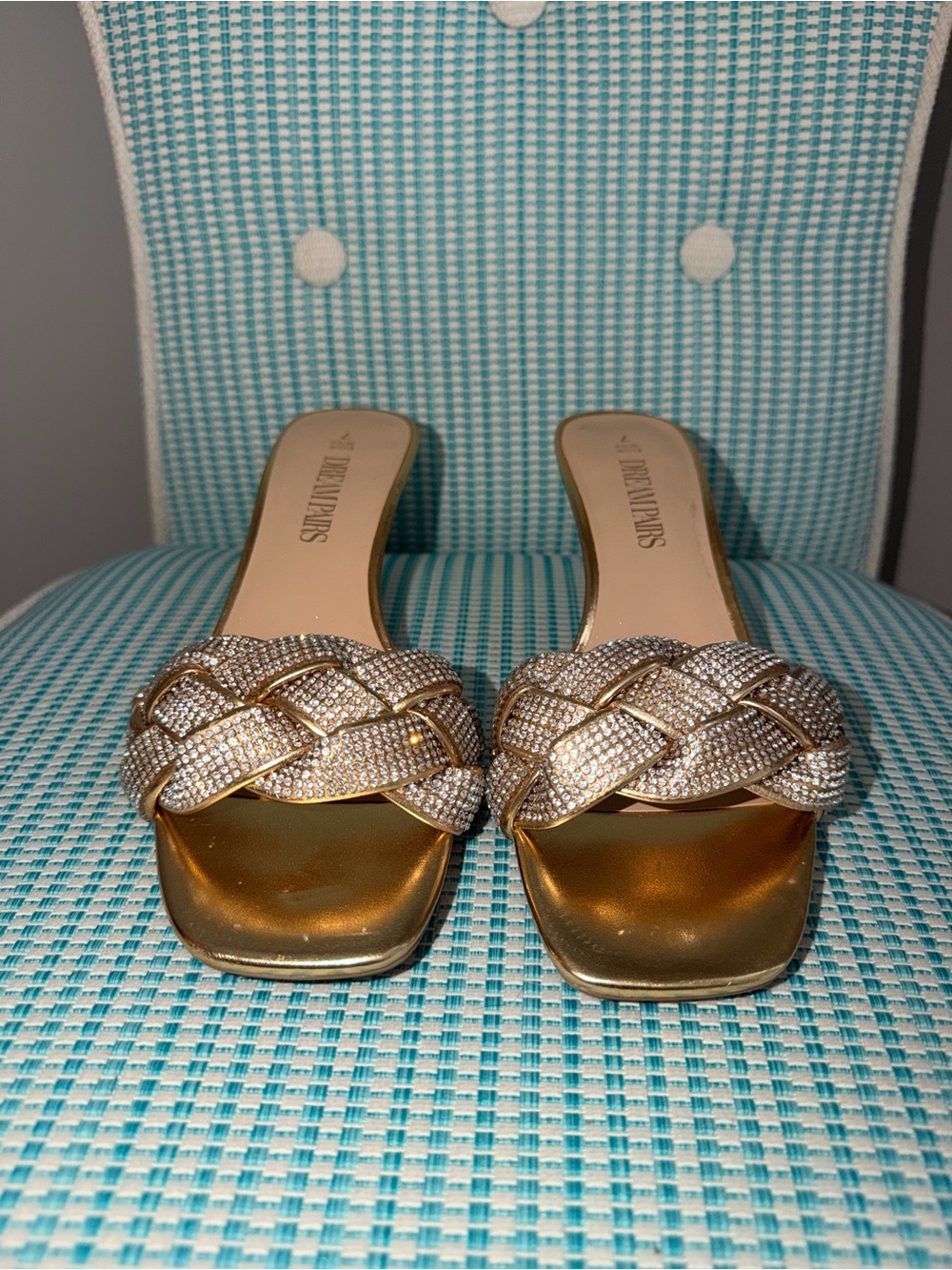 Dream Pairs Gold Rhinestone Braided Kitten Heel Sandals – Size 7